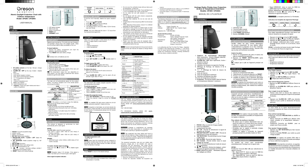 Oregon Scientific DP200 user manual Overview Front View Remote Sensor, Manually SET Clock, Declaration of Conformity 