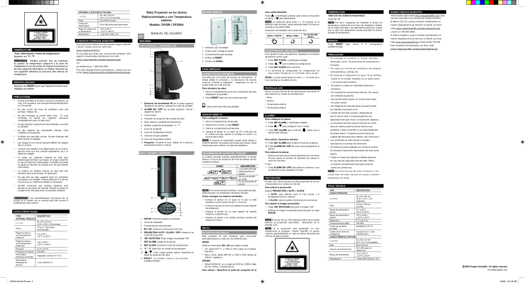 Oregon Scientific DP200A Température, Reinitialisation, Précautions, Propos D’OREGON Scientific, Sensor Remoto, Alarma 