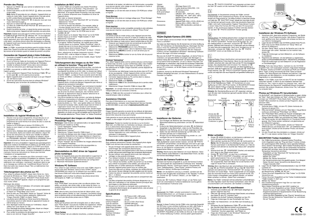 Oregon Scientific DS-3899 Prendre des Photos, Installation.de MAC driver, Installieren der Windows PC-Software, Garantie 