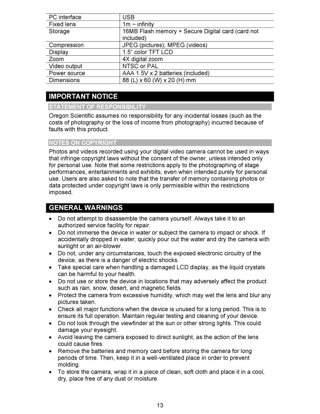 Oregon Scientific DS6300 user manual Important Notice, General Warnings, Statement of Responsibility 