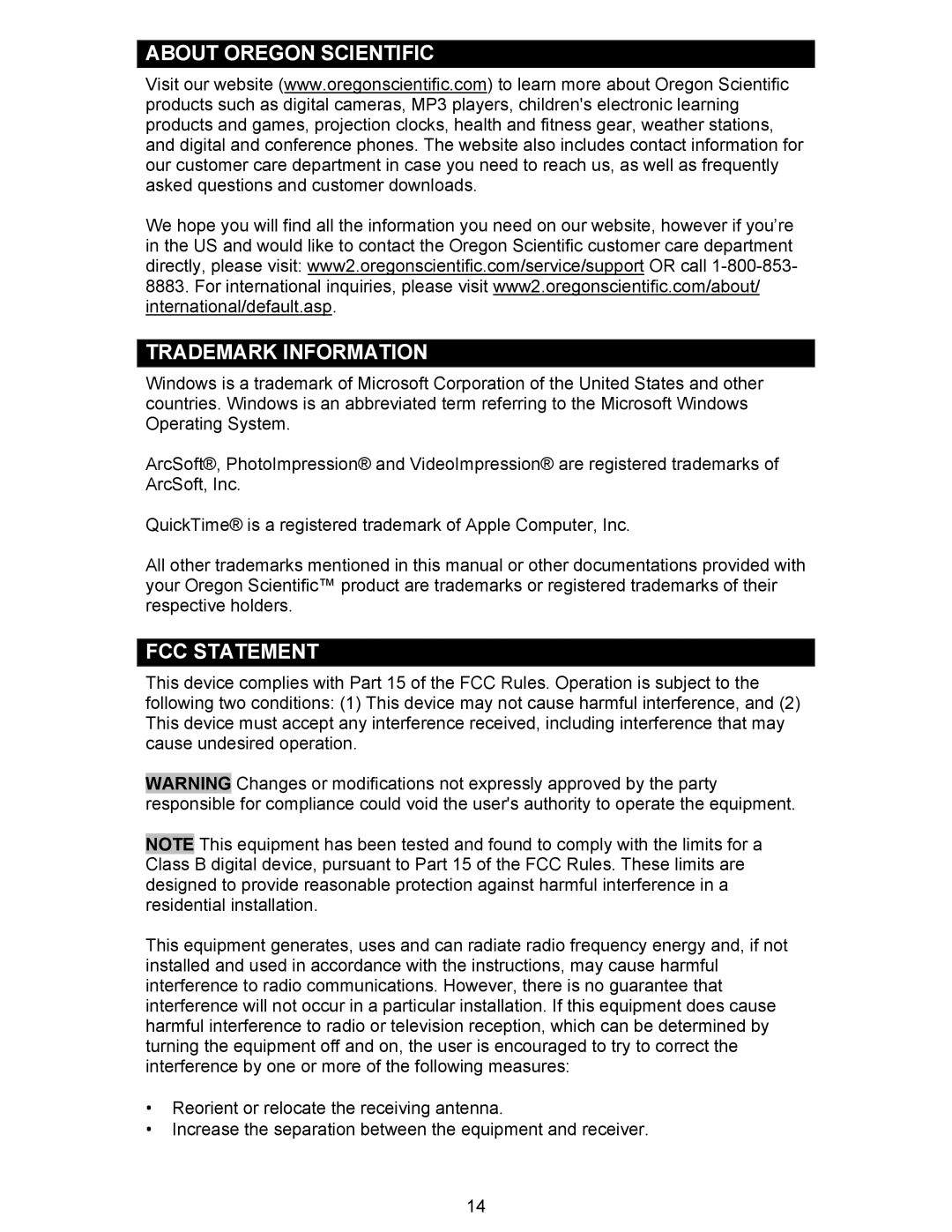 Oregon Scientific DS6300 user manual About Oregon Scientific Trademark Information, FCC Statement 