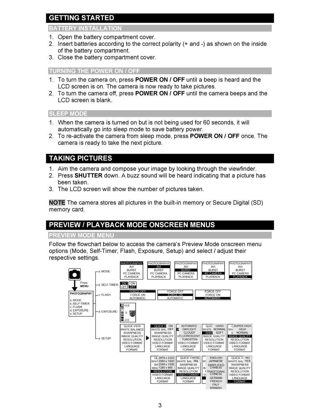 Oregon Scientific DS6300 user manual Getting Started, Taking Pictures, Preview / Playback Mode Onscreen Menus 