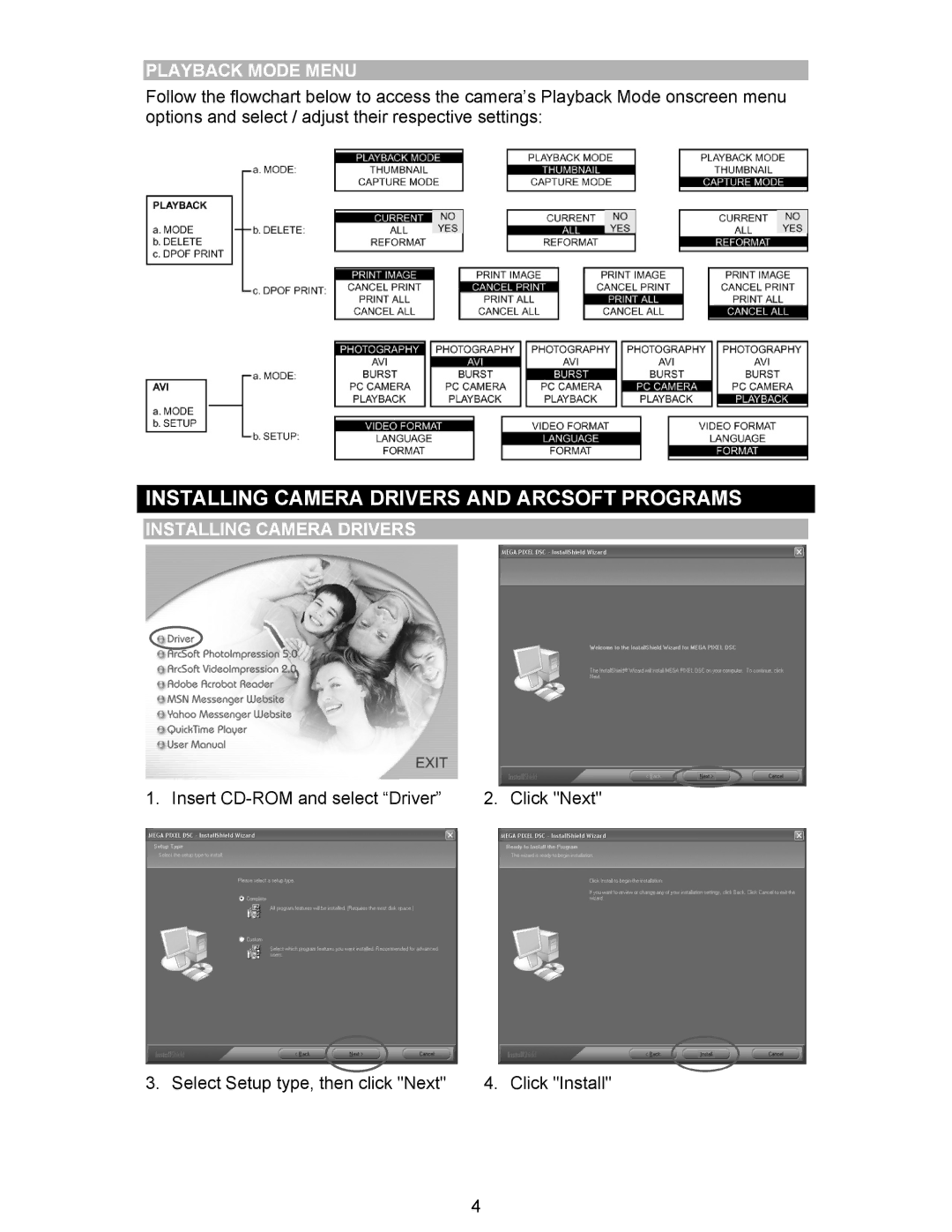 Oregon Scientific DS6300 user manual Installing Camera Drivers and Arcsoft Programs, Playback Mode Menu 