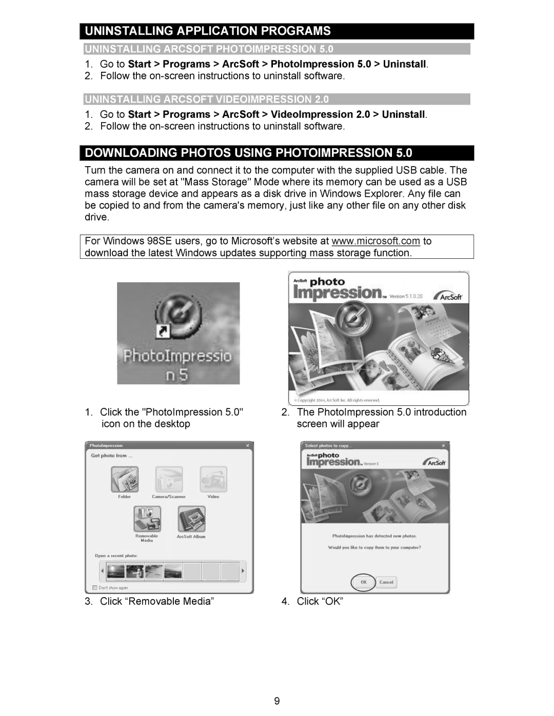 Oregon Scientific DS6300 user manual Uninstalling Application Programs, Downloading Photos Using Photoimpression 