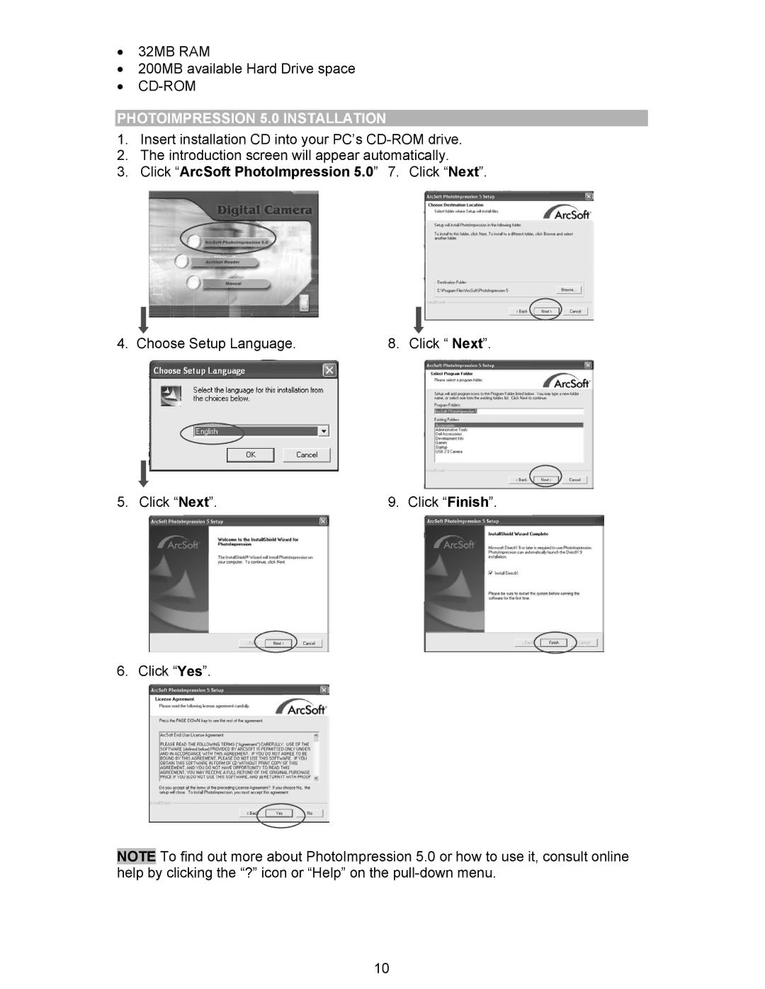 Oregon Scientific DS6310 user manual Photoimpression 5.0 Installation, Click ArcSoft PhotoImpression 5.0 7. Click Next 