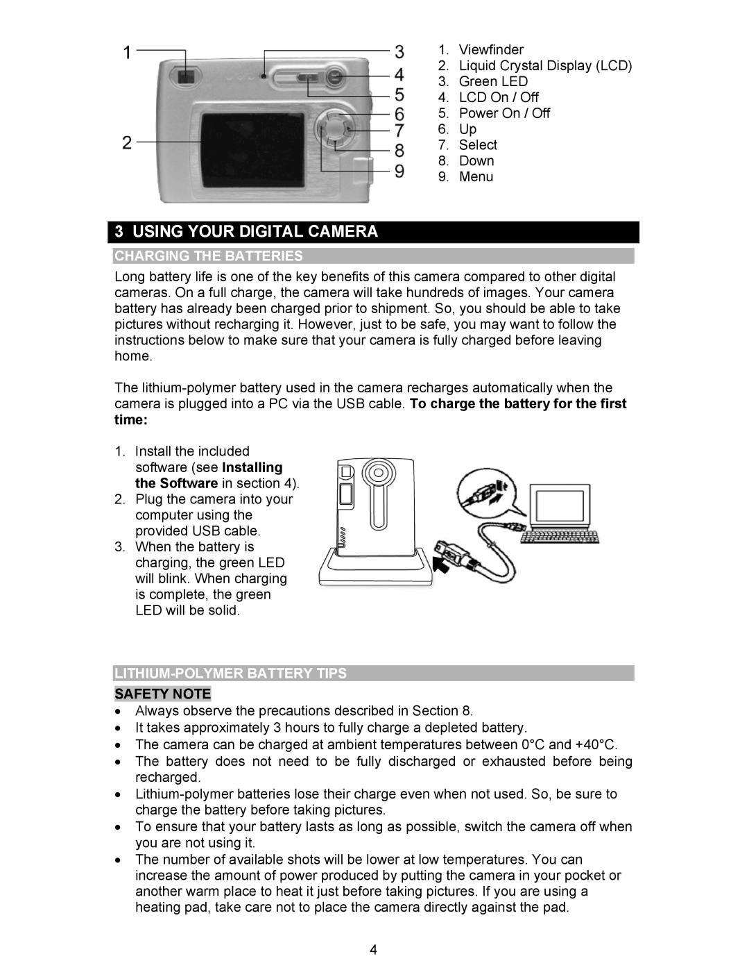 Oregon Scientific DS6310 Using Your Digital Camera, Charging the Batteries, LITHIUM-POLYMER Battery Tips, Safety Note 