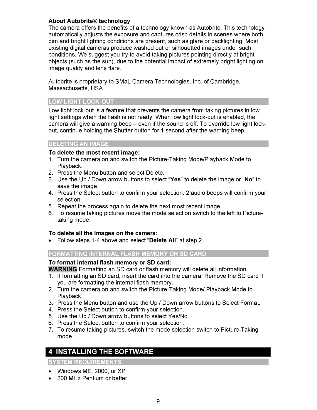 Oregon Scientific DS6310 user manual Installing the Software, LOW Light LOCK-OUT, Deleting AN Image, System Requirements 