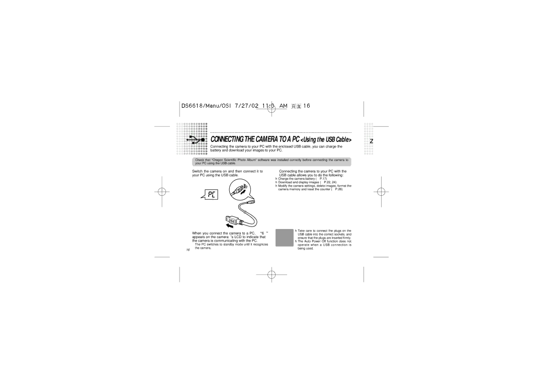 Oregon Scientific DS6618 user manual Connecting the Camera to a PC Using the USB Cable 