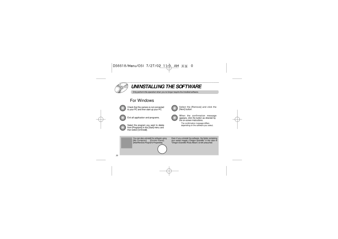 Oregon Scientific DS6618 user manual Uninstalling the Software, For Windows 