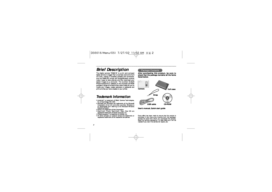 Oregon Scientific DS6618 user manual Brief Description, Trademark Information, Package Contents 