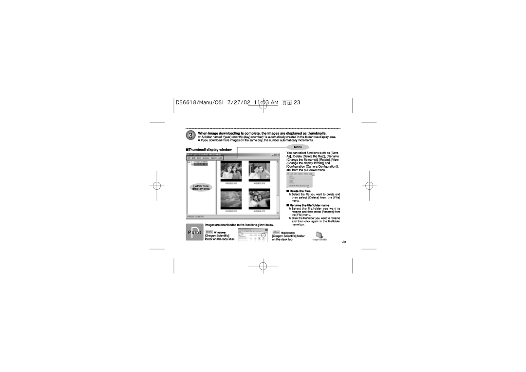 Oregon Scientific DS6618 user manual Thumbnail display window, Folder tree display area, Menu, Delete the files 