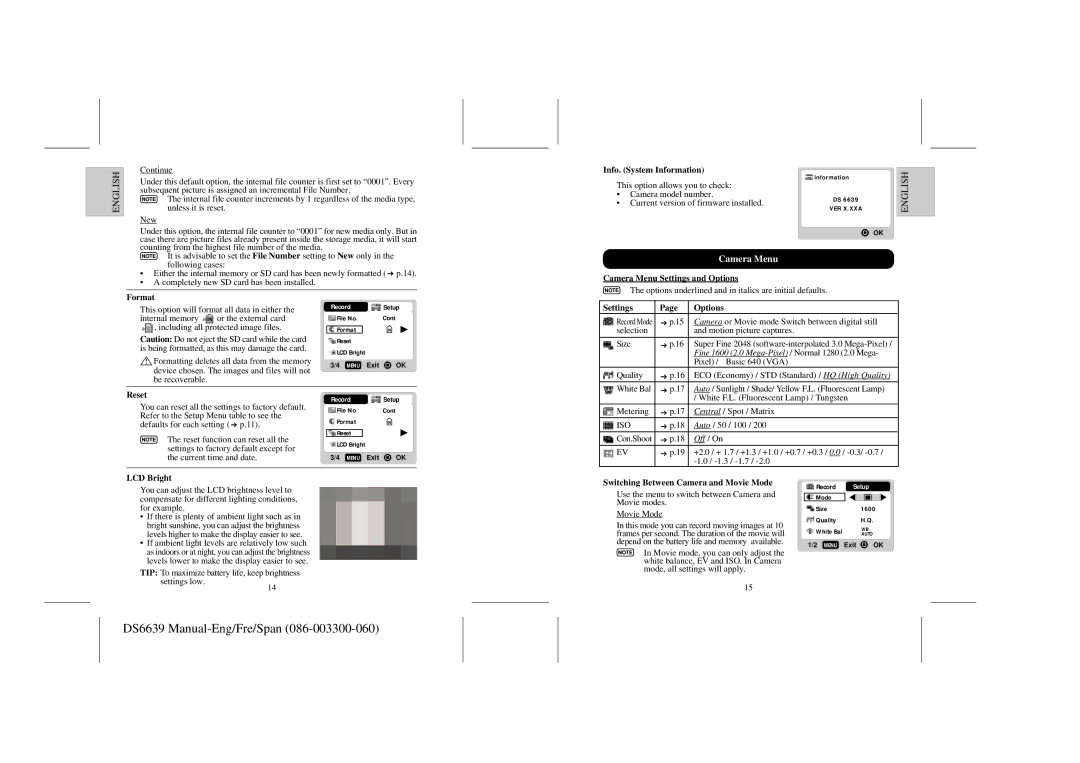 Oregon Scientific DS6639 user manual Camera Menu 