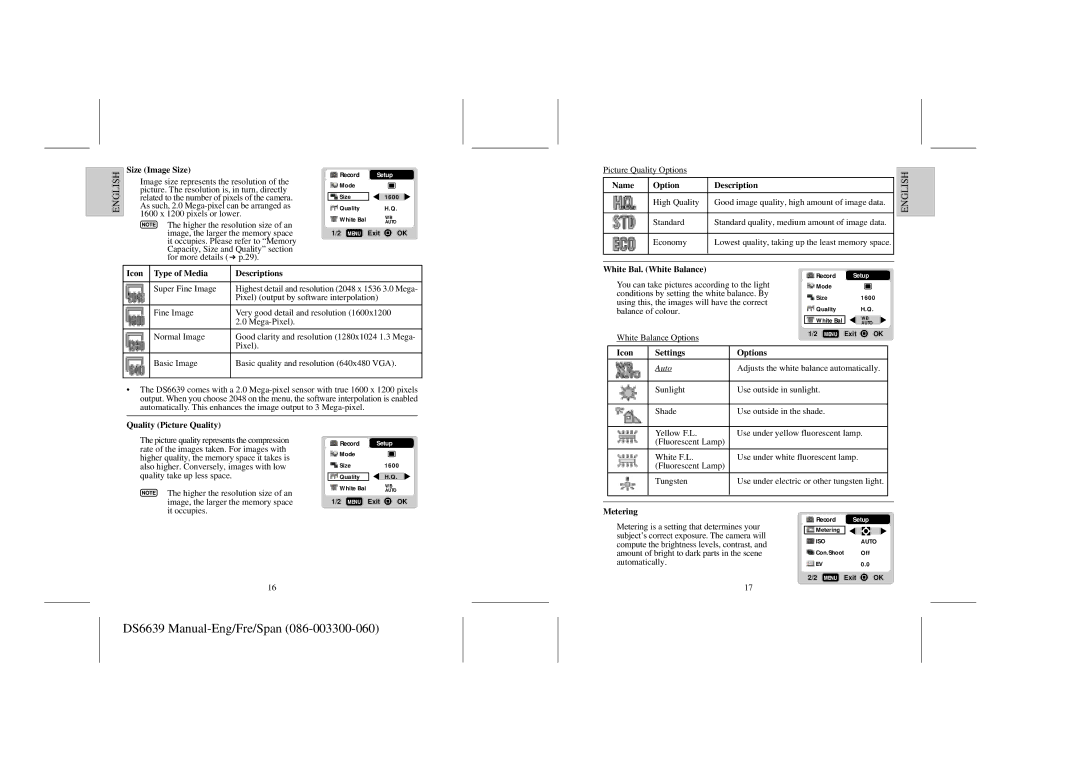 Oregon Scientific DS6639 Size Image Size, Name Option Description, Icon Type of Media Descriptions, Icon Settings Options 