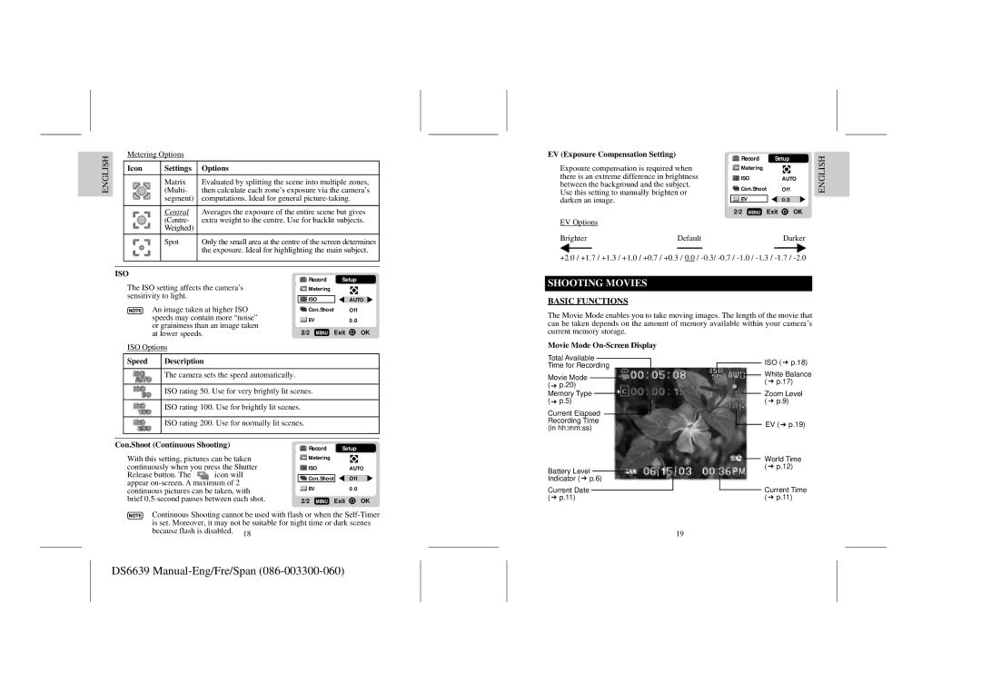 Oregon Scientific DS6639 Shooting Movies, Basic Functions, EV Exposure Compensation Setting, Con.Shoot Continuous Shooting 