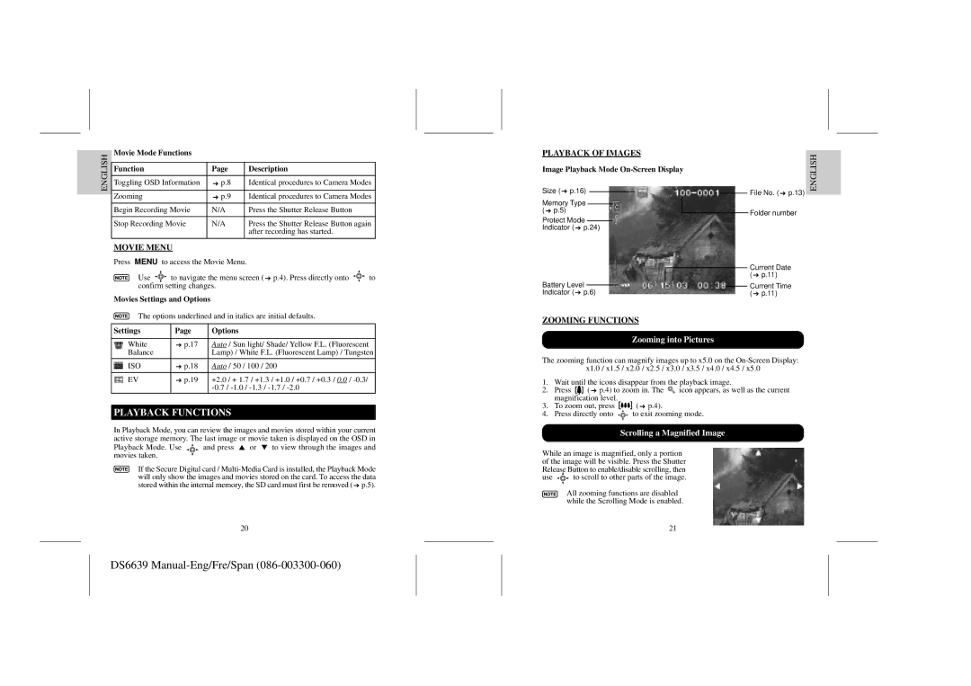 Oregon Scientific DS6639 user manual Playback Functions, Movie Menu, Playback of Images, Zooming Functions 