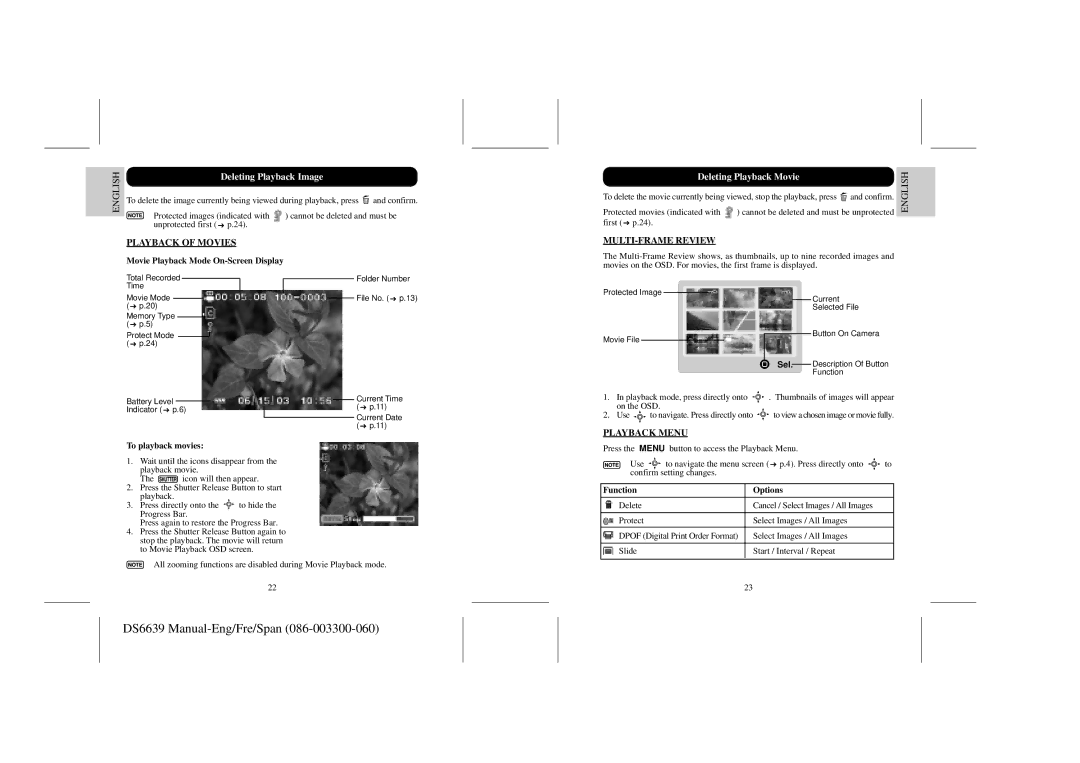 Oregon Scientific DS6639 Deleting Playback Image, Deleting Playback Movie, Playback of Movies, MULTI-FRAME Review 