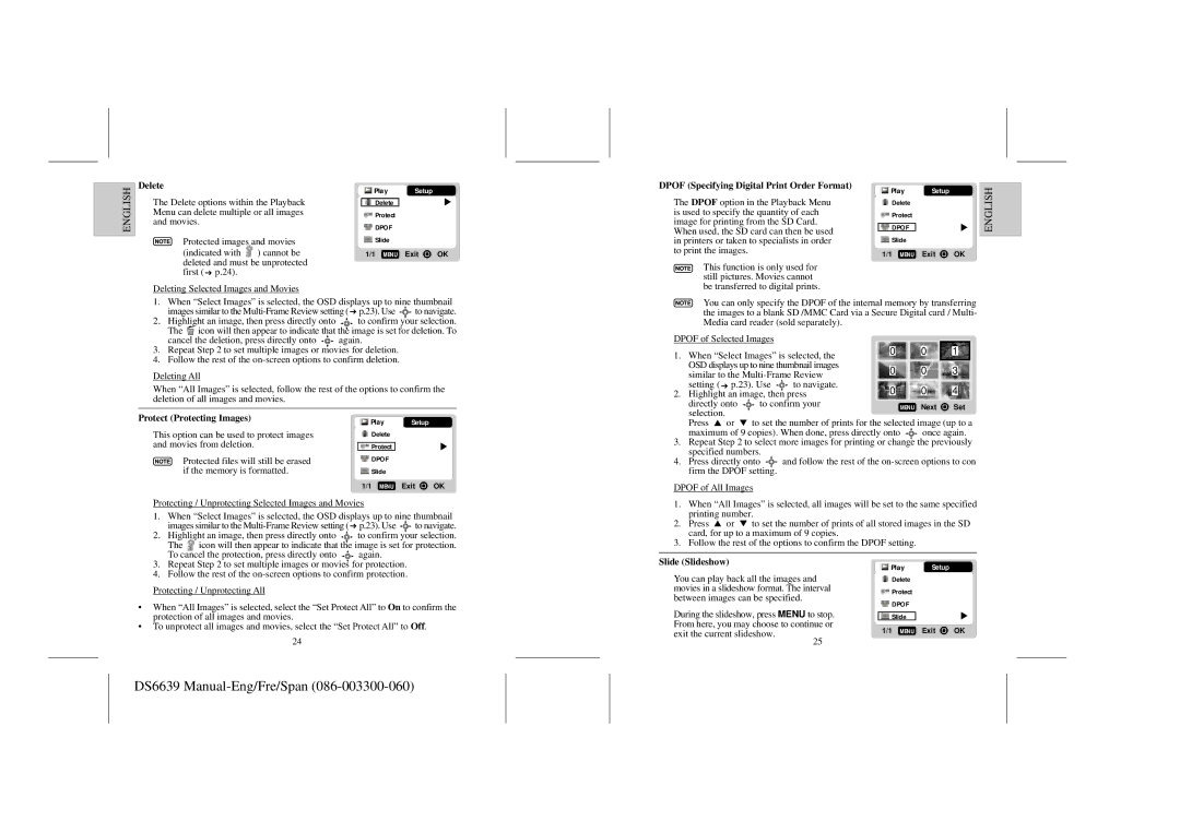 Oregon Scientific DS6639 Delete, Dpof Specifying Digital Print Order Format, Protect Protecting Images, Slide Slideshow 