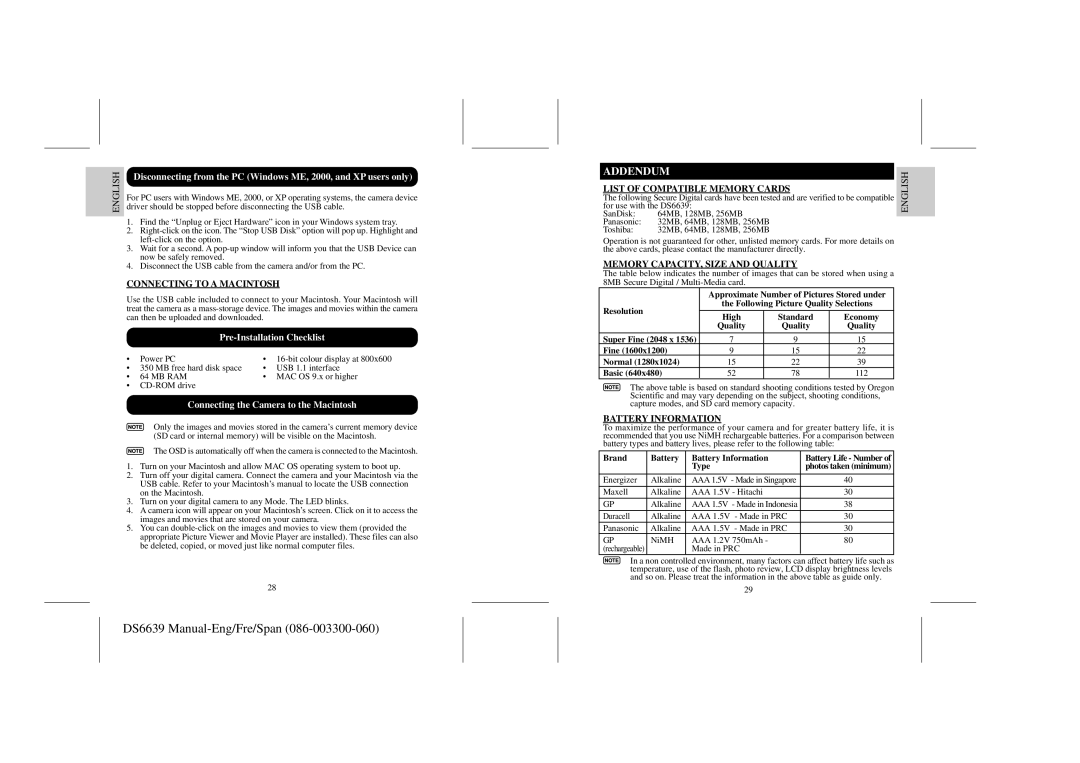 Oregon Scientific DS6639 Addendum, Connecting to a Macintosh, List of Compatible Memory Cards, Battery Information 