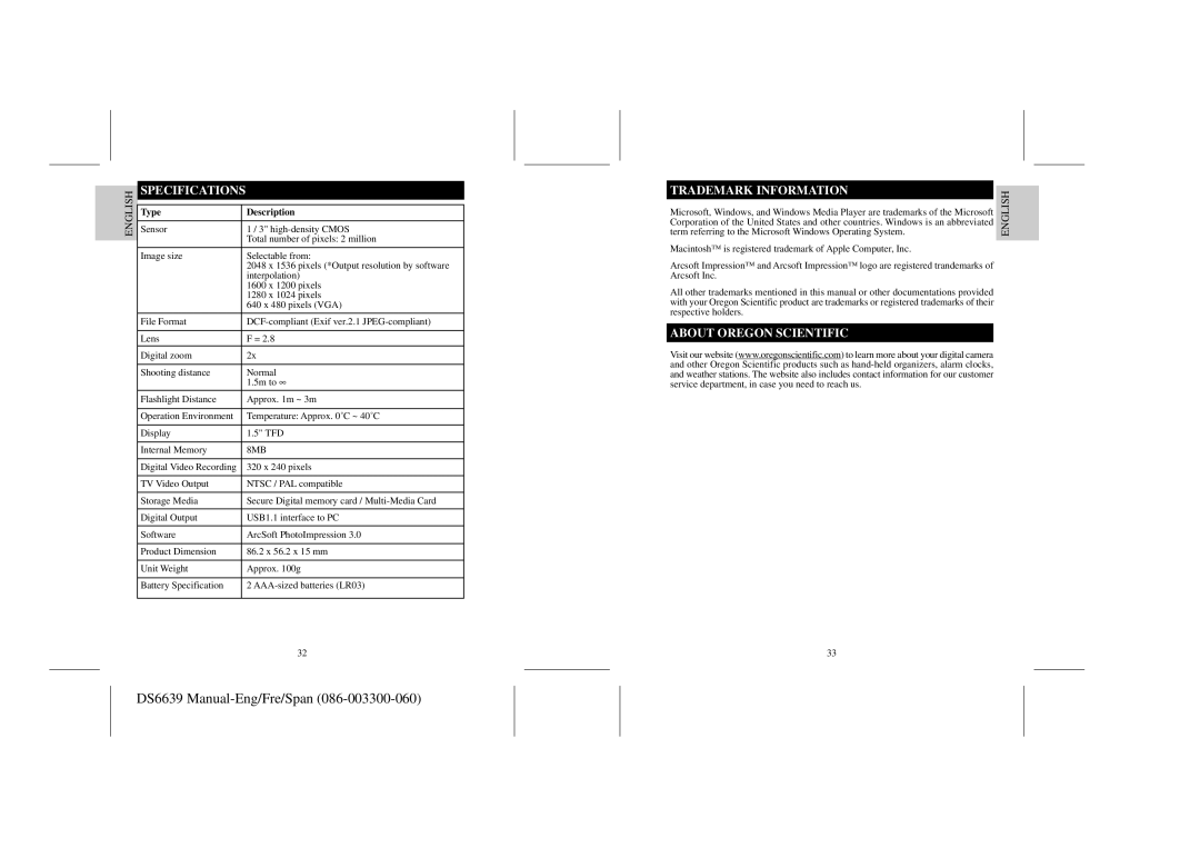 Oregon Scientific DS6639 user manual Specifications, Trademark Information, About Oregon Scientific, Type Description 