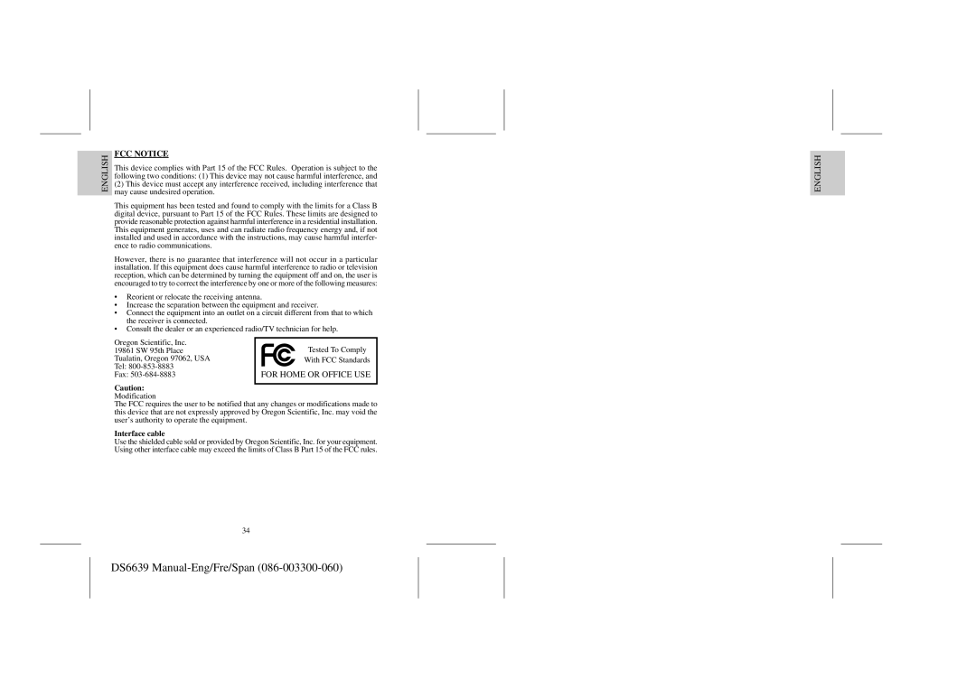 Oregon Scientific DS6639 user manual FCC Notice, Tel, Fax, Interface cable 