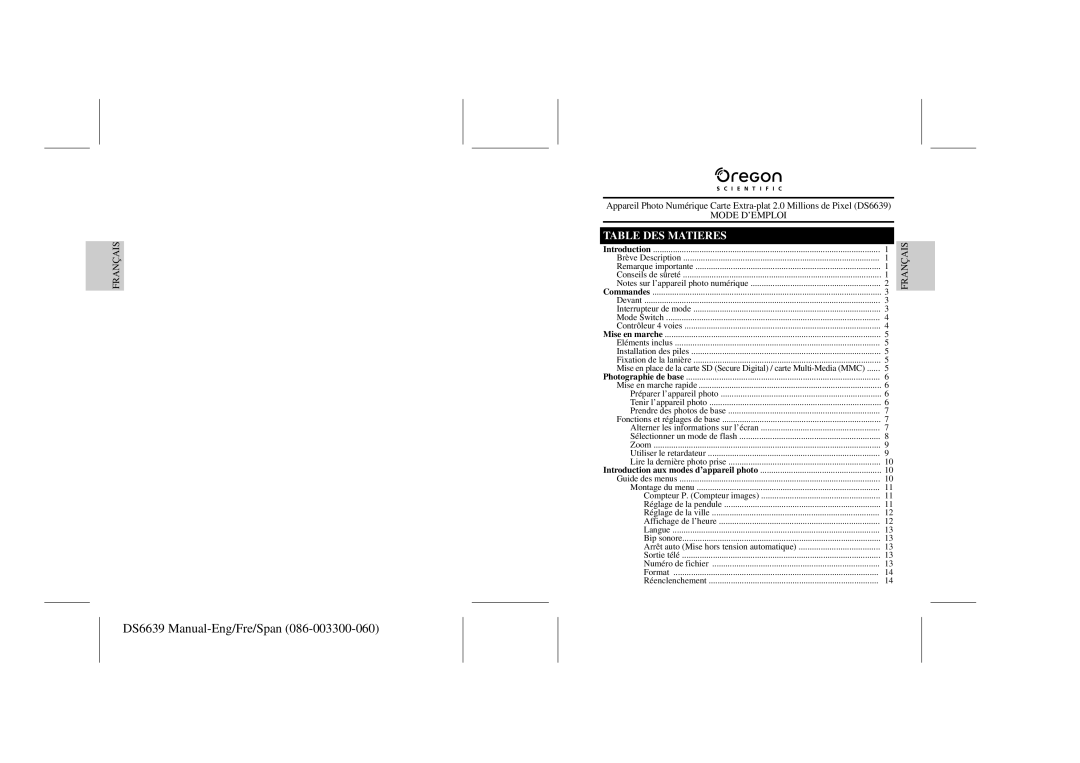 Oregon Scientific DS6639 user manual Table DES Matieres, Introduction 