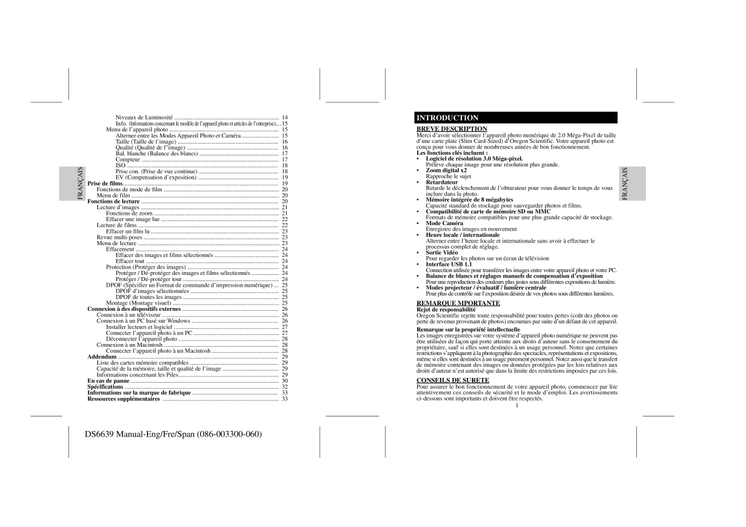 Oregon Scientific DS6639 user manual Breve Description, Remarque Mportante, Conseils DE Surete 