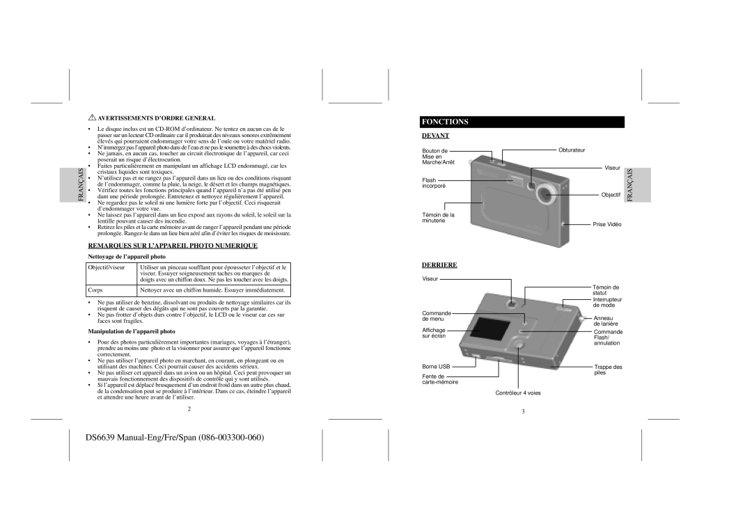 Oregon Scientific DS6639 user manual Fonctions, Remarques SUR L’APPAREIL Photo Numerique, Devant, Derriere 