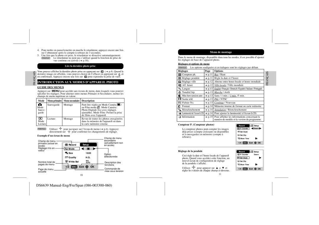 Oregon Scientific DS6639 user manual Introduction AUX Modes D’APPAREIL Photo, Guide DES Menus, Menu de montage 