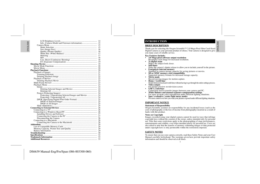 Oregon Scientific DS6639 user manual Introduction, Brief Description, Important Notice, Safety Notes 