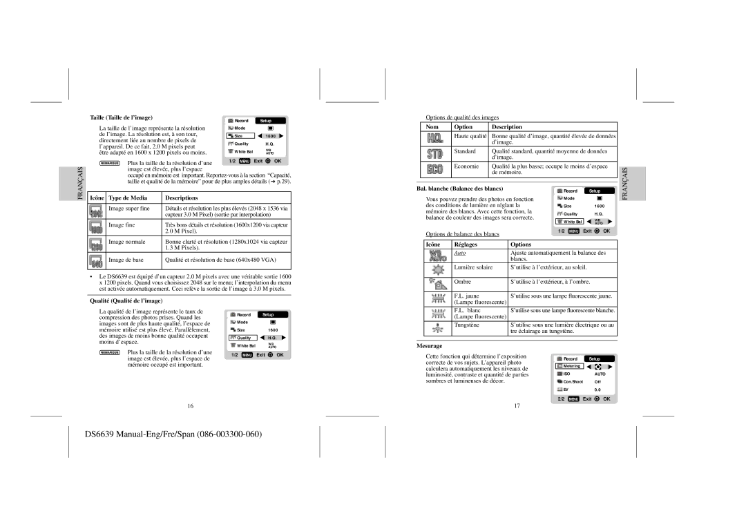 Oregon Scientific DS6639 Taille Taille de l’image, Nom Option Description, Icône Type de Media Descriptions, Mesurage 