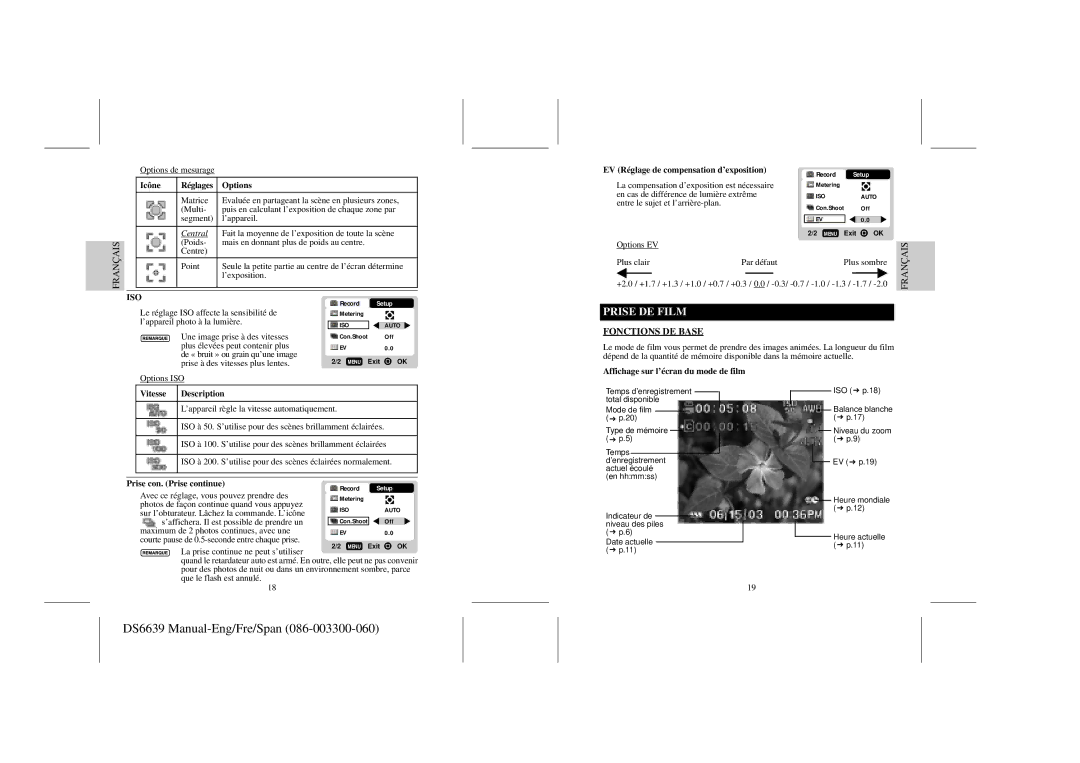 Oregon Scientific DS6639 user manual Prise DE Film, Fonctions DE Base, EV Réglage de compensation d’exposition 