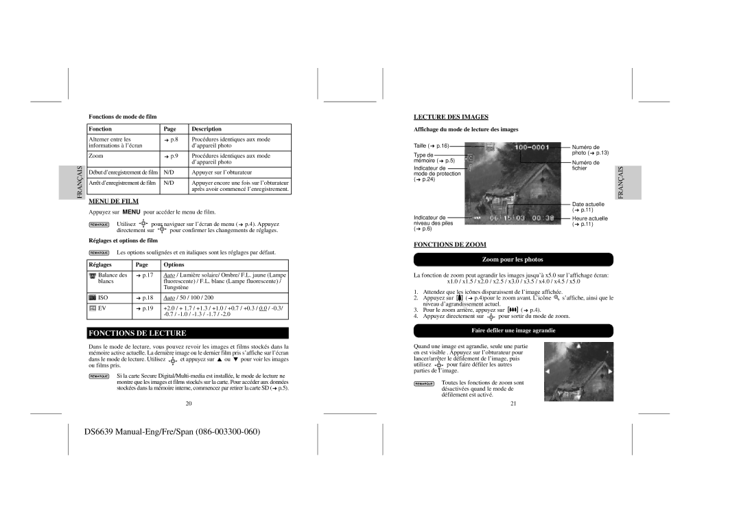 Oregon Scientific DS6639 Fonctions DE Lecture, Menu DE Film Lecture DES Images, Fonctions DE Zoom, Zoom pour les photos 