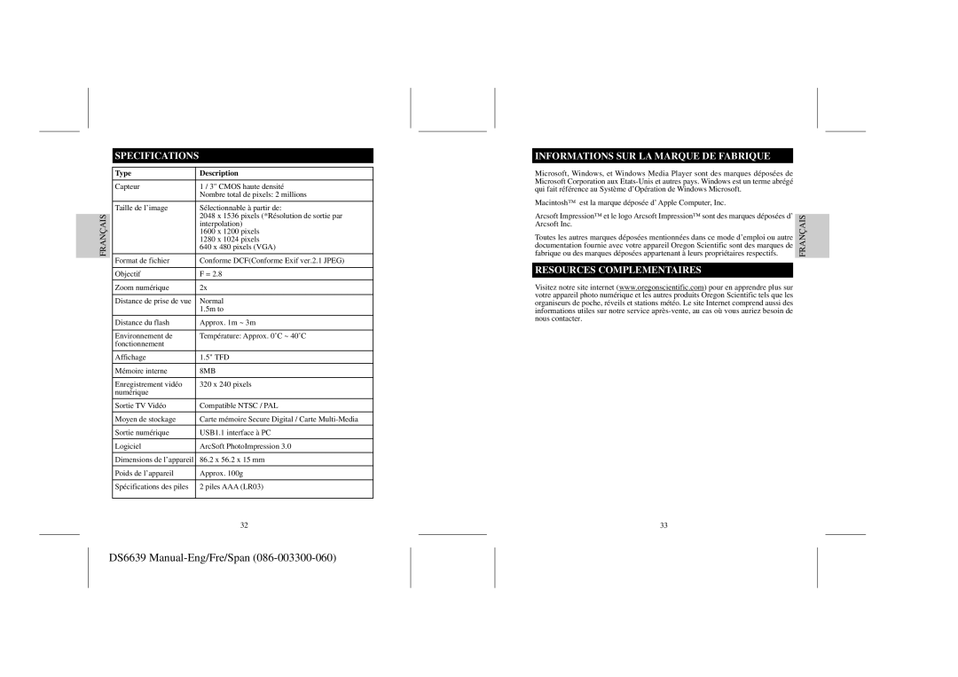 Oregon Scientific DS6639 user manual Informations SUR LA Marque DE Fabrique, Resources Complementaires, Nous contacter 