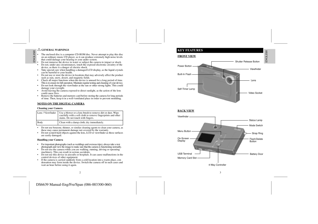 Oregon Scientific DS6639 user manual KEY Features, Front View, Back View, Cleaning your Camera, Handling your Camera 