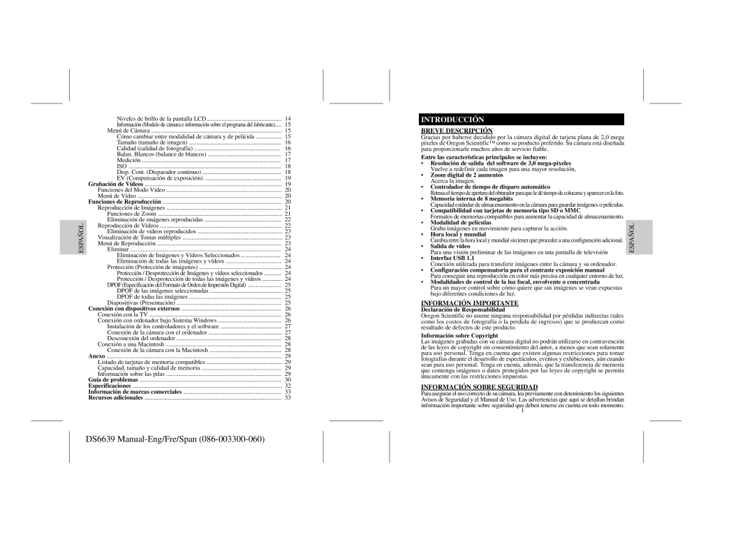 Oregon Scientific DS6639 user manual Introducción, Breve Descripción, Información Impor Tante, Información Sobre Seguridad 