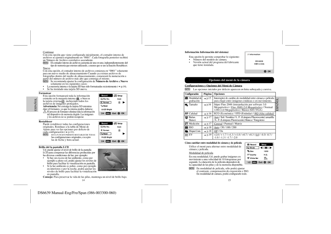 Oregon Scientific DS6639 user manual Opciones del menú de la cámara 