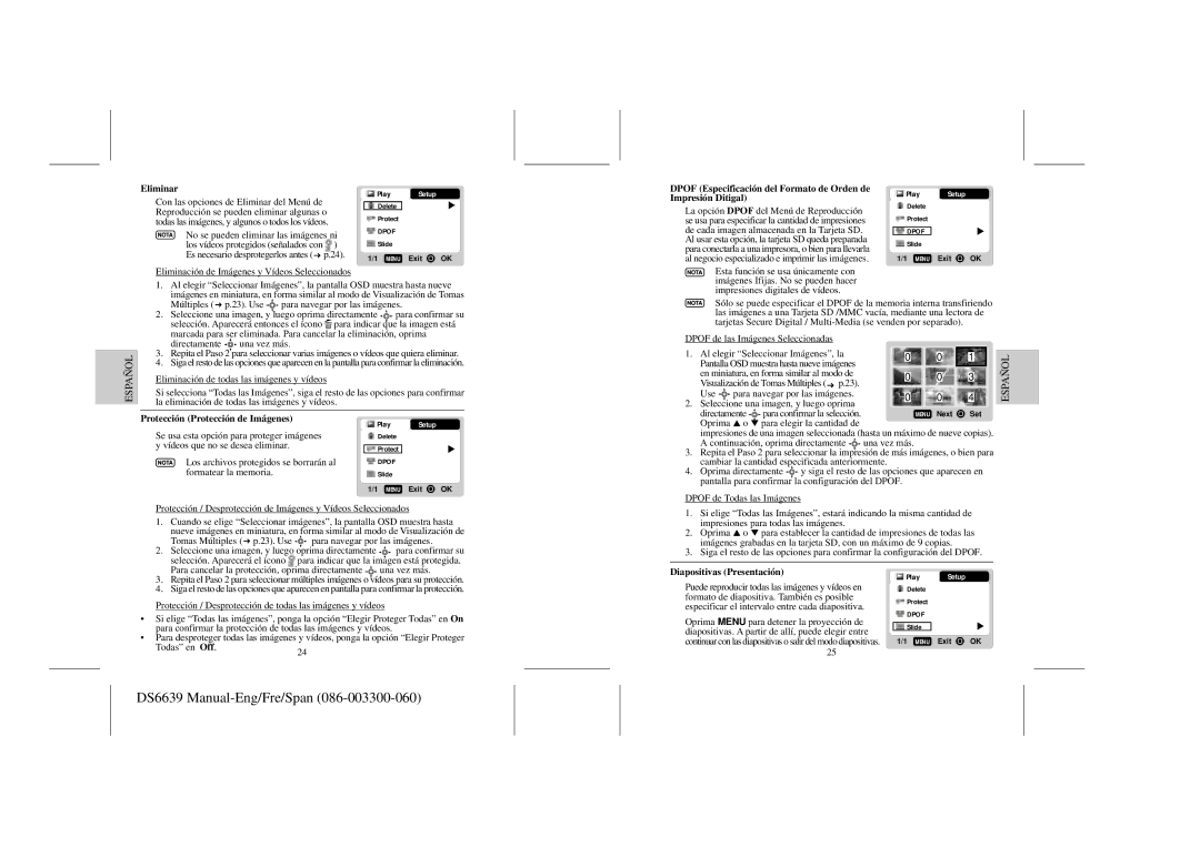 Oregon Scientific DS6639 user manual Eliminar, Protección Protección de Imágenes, Oprima o para elegir la cantidad de 