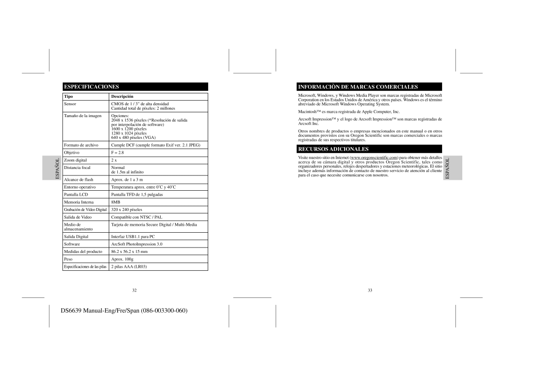 Oregon Scientific DS6639 Especificaciones, Informaciòn DE Marcas Comerciales, Recursos Adicionales, Tipo Descripción 