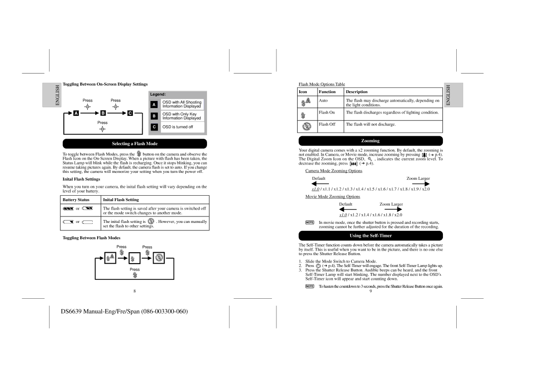 Oregon Scientific DS6639 user manual Selecting a Flash Mode, Zooming, Using the Self-Timer 