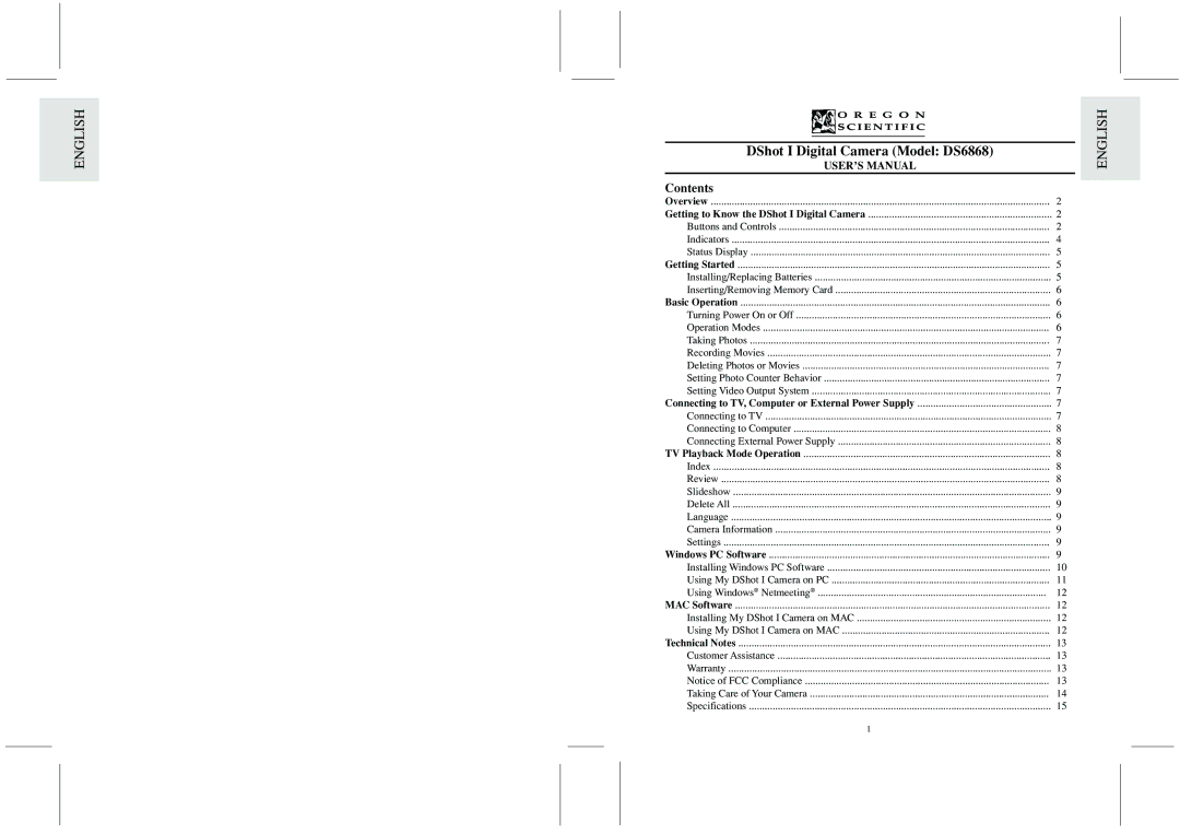 Oregon Scientific user manual DShot I Digital Camera Model DS6868, Contents 