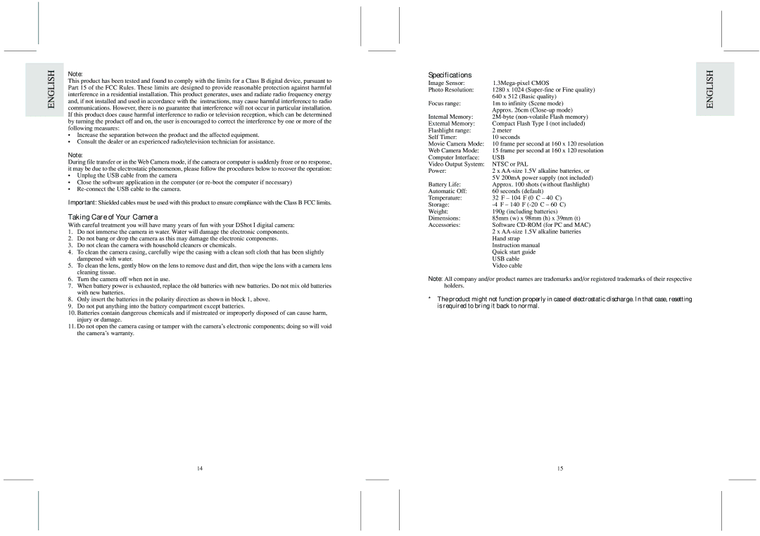 Oregon Scientific DS6868 user manual Taking Care of Your Camera, Specifications 