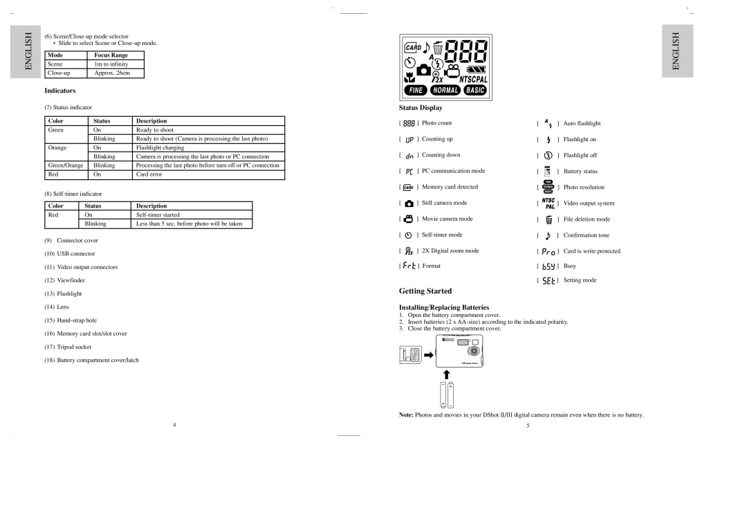 Oregon Scientific DS6888A user manual Getting Started, Indicators, Status Display, Installing/Replacing Batteries 