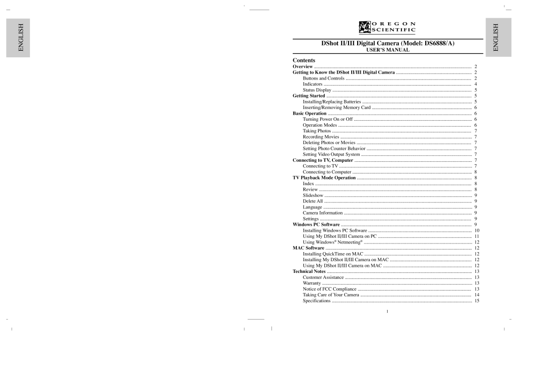 Oregon Scientific user manual DShot II/III Digital Camera Model DS6888/A, Contents 