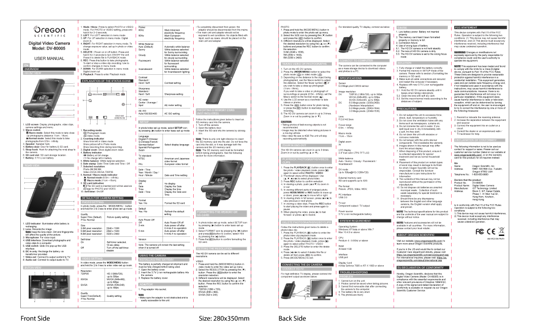 Oregon Scientific DV-80005 specifications Overview Front View, Rear View, Buton View, Explanation of the Status Icons 