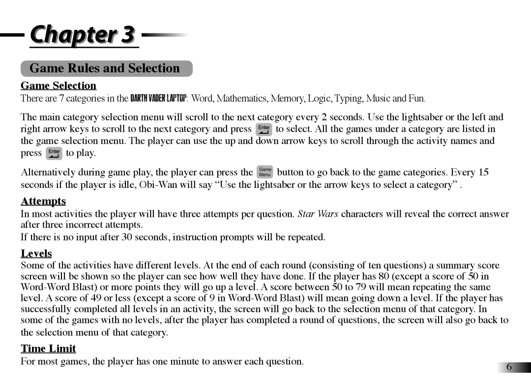 Oregon Scientific DV33 manual Game Rules and Selection, Game Selection, Attempts, Levels, Time Limit 