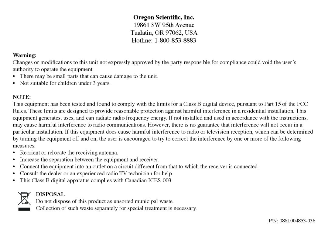 Oregon Scientific DV33 manual Oregon Scientific, Inc, 19861 SW 95th Avenue Tualatin, or 97062, USA Hotline 