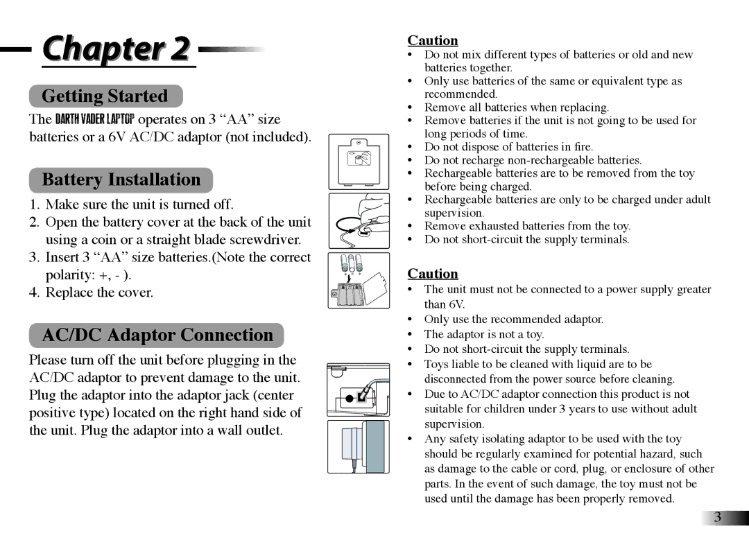 Oregon Scientific DV33 manual Getting Started, Battery Installation, AC/DC Adaptor Connection 