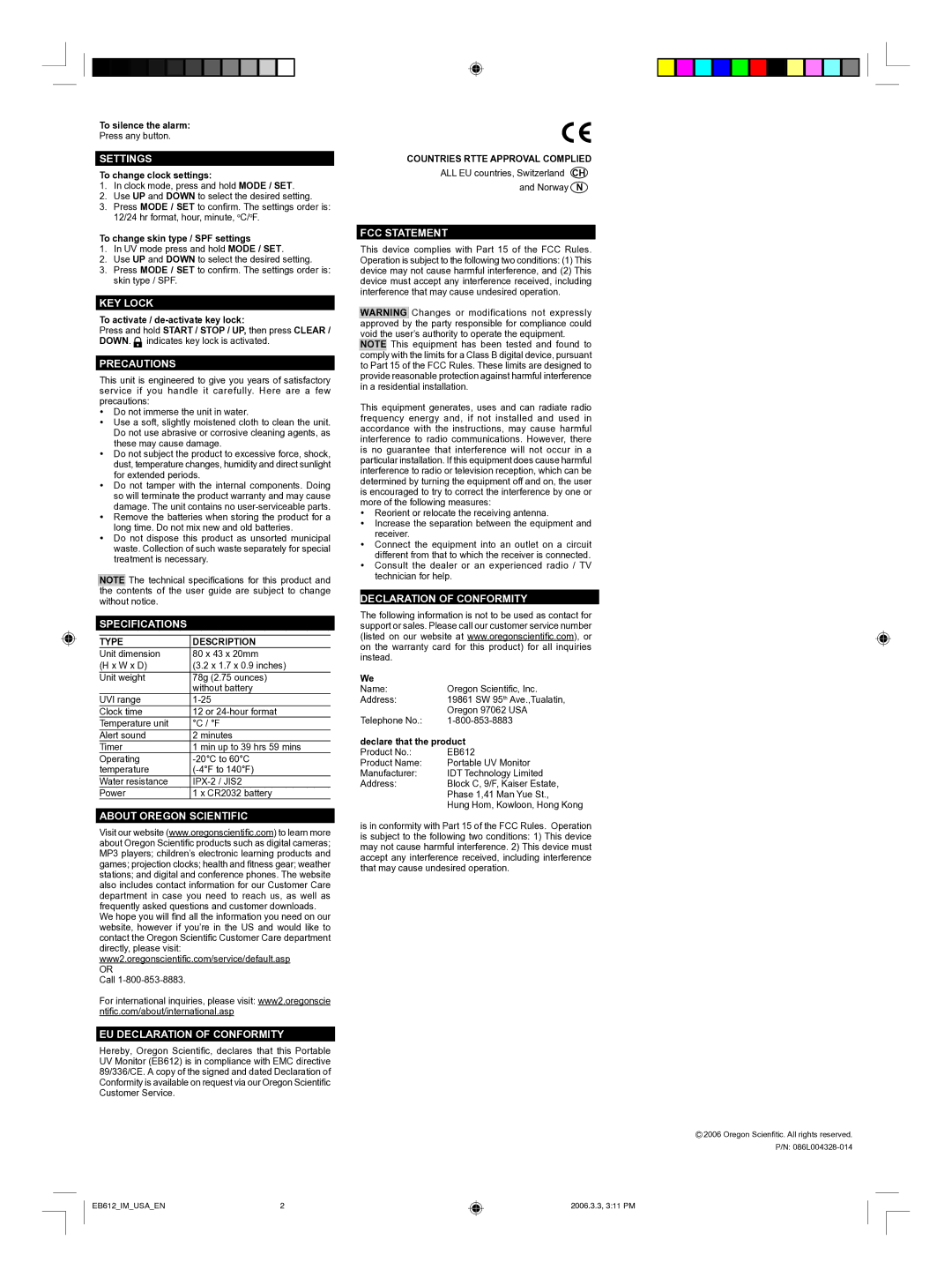 Oregon Scientific E8612 user manual Settings, KEY Lock, Precautions, Specifications, About Oregon Scientific, FCC Statement 