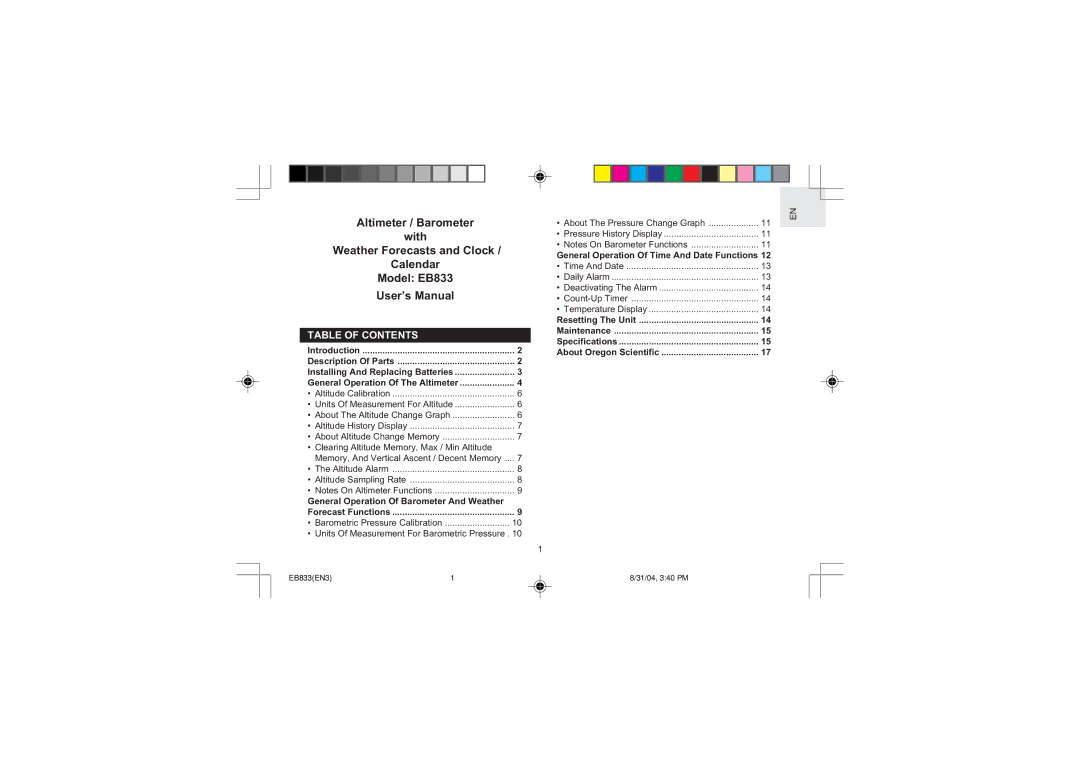 Oregon Scientific EB833 user manual Table of Contents 