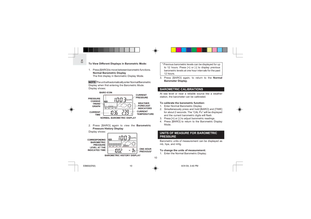 Oregon Scientific EB833 user manual Barometric Calibrations, Units of Measure for Barometric Pressure 